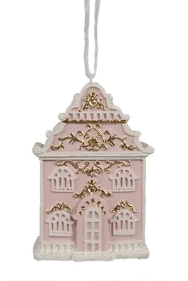 Obrázok produktu pre Clayre & Eef Vianočná visačka perníková chalúpka 6x4x9 cm ružová polyresin