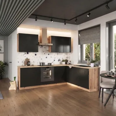 Produktbild von Winkelküche 200x260 cm Schwarz Matt - mit beiger Arbeitsplatte - MDF - moderne Eckküche - Schubladen mit Soft-Close - ISABEL