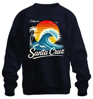 Productafbeelding van Santa Cruz, Californië, retro zonsondergang surfmotief, sweatshirt, pullover, marineblauw, maat S