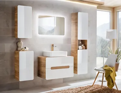Immagine prodotto di Colonna bagno ERBANO – Rovere chiaro e bianco lucido – 35x170 cm – 2 porte – Da appendere