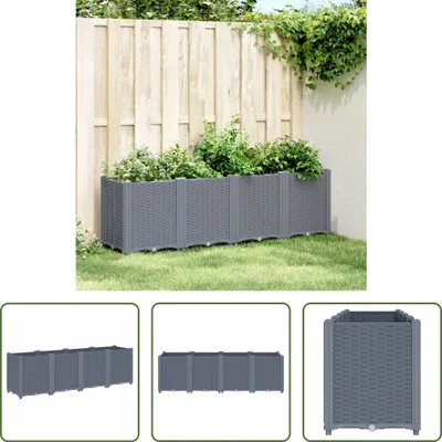 A long, grey, woven-textured planter box filled with green plants, shown in a garden setting against a wooden fence. The image is a collage including three smaller views of the planter box from different angles.