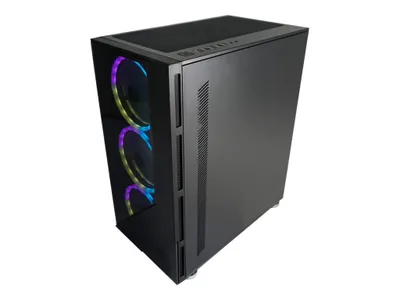 A black computer case with RGB fans visible through a glass panel.