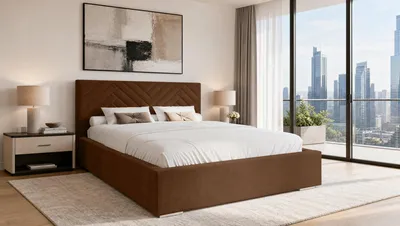 Produktbild von Aura Polsterbett 200x200 cm - Bett mit Bettkasten & Lattenrost, Veloursstoff Dunkelbraun