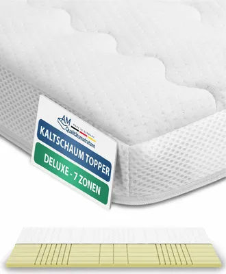 A close-up view of a white mattress topper with a label attached, and a cross-section view of the topper below.