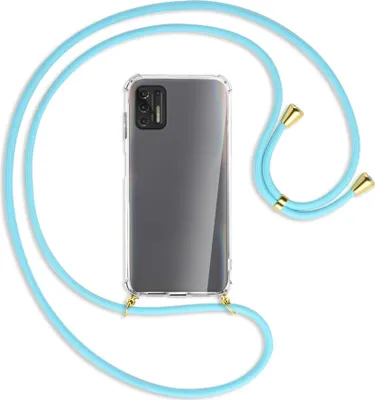 Produktbild von Handykette Backcover-Schutzhülle mit Band (Metall goldfarben) für Motorola Moto G Pro 2021 - himmelblau