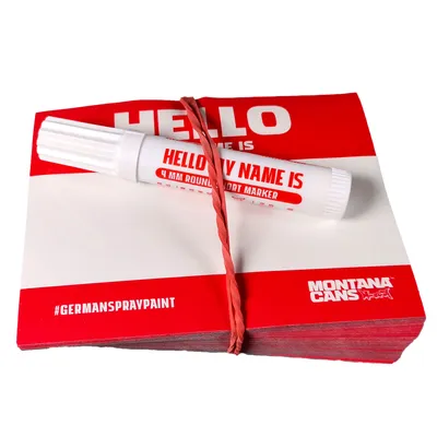 Produktbild von Montana Cans Stickerpack "Hello My Name Is..." (100 Stück) Rot inkl. Marker