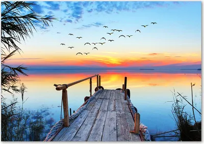 Produktbild von Tulup® Glas-Bild - 100 x 70 - Wandbild aus Glas - Wandkunst - Wandbild hinter gehärtetem Sicherheitsglas - Landschaften - Pier am See - Orange