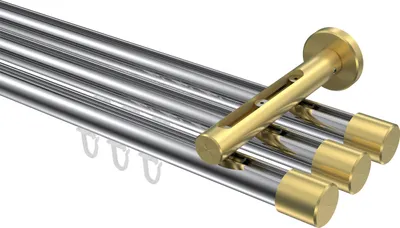 Produktbild von Interdeco Innenlaufstange / Gardinenstange mit Innenlauf Chrom / Messing-Optik, Typ Siteno Santo (Kappe), 20 mm Ø 3-läufig, 200 cm