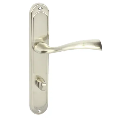 Produktbild von DOMINO Türgriff 78 Drückergarnitur WC - Badezimmer Set | Links & Rechts Türbeschlag für WC/Badezimmertüren | L-Form | Aluminium |  Nickel | FLY ECO M9