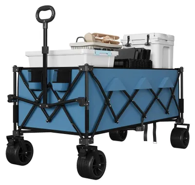 Produktbild von Gartenwagen - Faltbarer Strand-Bollerwagen - 132 cm, 350 L, Traglast 208 kg - Geländereifen mit Bremsen - Blau