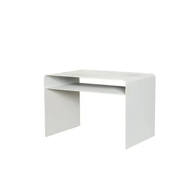 A product image of a white side table with a shelf.