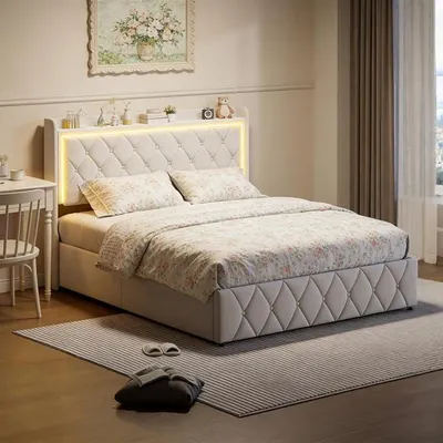 Image de Lit avec sommier tapissier 140 x 200 cm, avec espace de rangement, éclairage LED, fonction de charge et tête de lit - lit double rembourré pour adultes (beige)