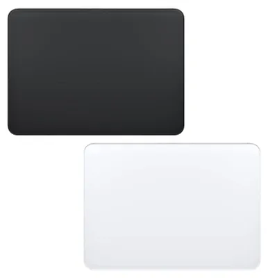 Two rectangular objects with rounded corners, one black and one white, are shown against a white background.