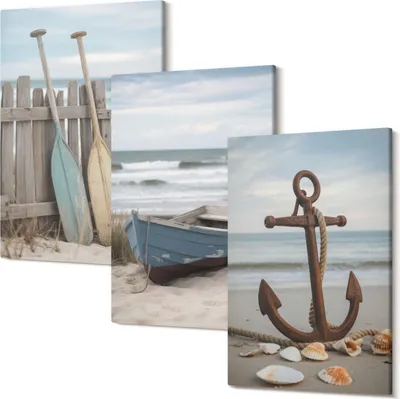 Produktbild von Leinwandbilder – Wandbilder – Leinwandbild – Canvas Bild – Polycanvas – Kunstdruck – – Modern – Aufhängefertig – Mehrteilig – 3-Teilig – 20x30 Cm Pro Bild - Ein Strand mit einem Ruderboot und einem Anker im Sand