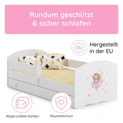 Produktbild von Kids Collective Kinderbett 70x140 / 80x160 Komplett Set inkl. Matratze, Lattenrost, Schublade & Rausfallschutz | Einzelbett für Kinder von 2 – 10 Jahren | 70x140 cm | weiß mit Prinzessin Motiv