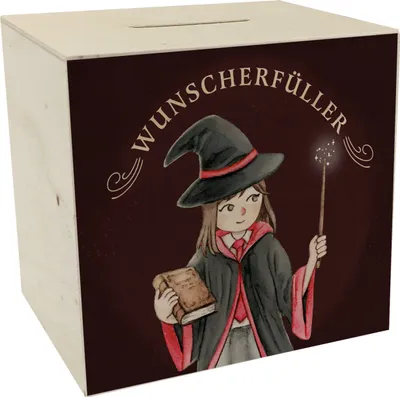 Produktbild von Wunscherfüller Spardose aus Holz mit Zauberschülerin in rot