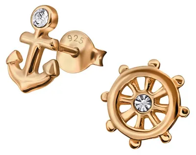 Produktbild von Unterschiedliche Ohrringe: Ohrstecker Silber 925 "Anker & Steuerrad" Roségold