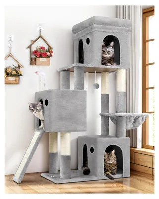 Produktbild von Kratzbaum für 2-4 Katzen mit 3 großen Höhlen, weichem Katzenkorb und Sisal-Kratzrampe, stabiler Katzenbaum 133 cm hoch für große Katzen, hellgrau