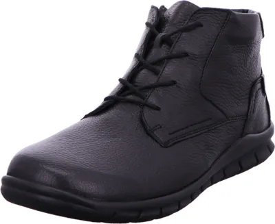 A black leather boot on a white background.