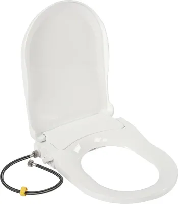 A white toilet seat with a bidet function, shown with its attached hoses.