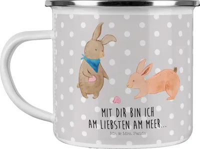 Produktbild von Mr. & Mrs. Panda Emaille Tasse Hasen Muschel - Grau Pastell - Geschenk, Freundin, Best Friends, Teebecher, becher, Teetasse, Strand, Pott, Muttertag, Meer, Muscheln