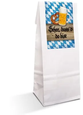Produktbild von 25 kleine weiße Papiertüten mit Folieneinlage 7 x 4 x 20,5 cm + 25 ENGEL Aufkleber FROHES FEST braun beige Weihnachtstüten Geschenktüten Verpackung WeihnachtenBayerisch / 10 Stück
