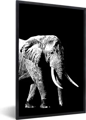 Produktbild von MuchoWow® Gerahmtes Poster Elefant vor schwarzem Hintergrund - schwarz und weiß 20x30 cm - Poster mit Schwarzem Bilderrahmen Wandposter Rahmen Foto Bilder - Drucken - Bilder Poster im Rahmen