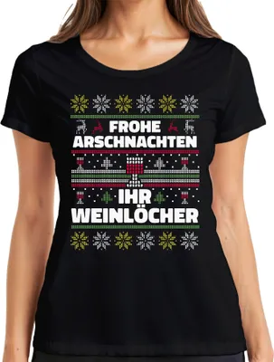 Produktbild von Frohe Arschnachten Ihr Weinlöcher Sarkasmus - Ugly Christmas Sweater Weihnachten Damen T-Shirt, Schwarz, 3XL
