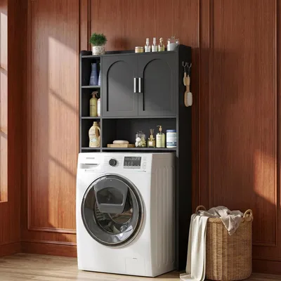 Produktbild von Waschmaschinenschrank mit 3 Türen, Verstellbare Ablagen | Waschmaschinenregal mit 5 offenen Fächern, für Badezimmer, Toilette und Waschküche