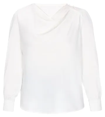 Produktbild von Damen Bluse Gr. S, Weiss, aus glattem Satin mit U-Boot-Ausschnitt, langen Ärmeln und floralen Rüschen