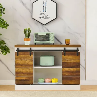 Produktbild von Lina® Warehouse Buffetschrank im modernen Design, aus Spanplatte, mit Schiebetüren Bauernhaus, Regal Konsolentisch, 33x102x75 - Weiß&Braun