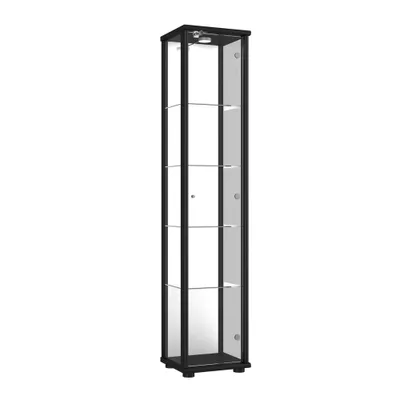 Obrázok produktu pre VR-Wohnideen sklenená skrinka v ciernej farbe (176x37x33 cm) so 4 výškovo nastavitelnými policami z tvrdeného bezpecnostného skla, LED, zámkom a zrkadlom; osvetlená; ideálna pre zberatelov;