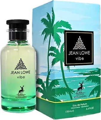A bottle of Jean Lowe Vibe perfume and its packaging, which features a tropical beach scene with palm trees.
