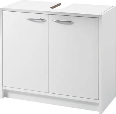 A white bathroom vanity cabinet with two doors and silver handles.