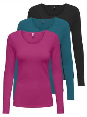 Produktbild von ONLY Damen Onllive Love Life LS Oneck Top, 3er Pack, Festival Fuchsia/Ocean Dept