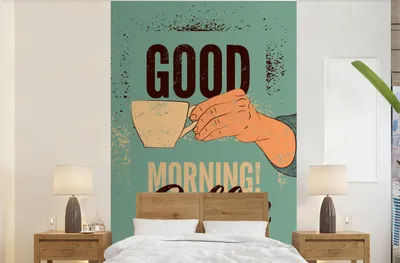 Produktbild von MuchoWow® Fototapete für Wohnzimmer oder Schlafzimmer Wandtapete Vinyl Motivtapete Kaffee - Zitate - Vintage - Guten Morgen! Kaffee - 195x300 cm - Das Hintergrundbild