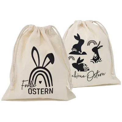 Produktbild von Oster- Baumwollbeutel-Set mit süßen Hasenmotiven und Ostergrüßen - 2 Geschenksäckchen Ostern 25 x 30 cm, Osterdeko Schwarz aus 100% Baumwolle