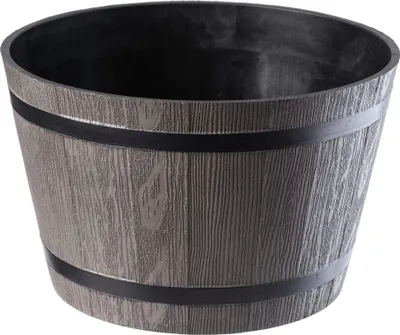 A dark gray planter pot with a wood grain texture and black bands, presented on a white background.