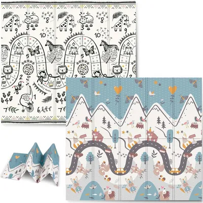 A collage of two playmats, one folded, with cartoon animal illustrations and a road/mountain theme.