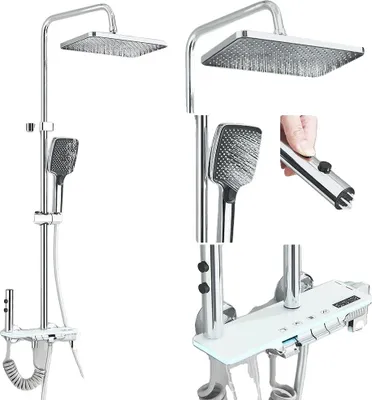 Image de Set de robinetterie de douche, Réglable en hauteur, Design moderne, Blanc chrome