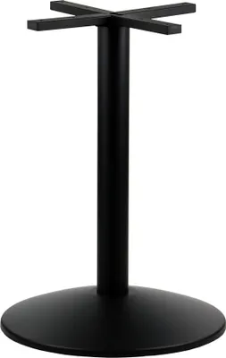 A black metal table base with a circular base and a central column topped with a cross-shaped mount.