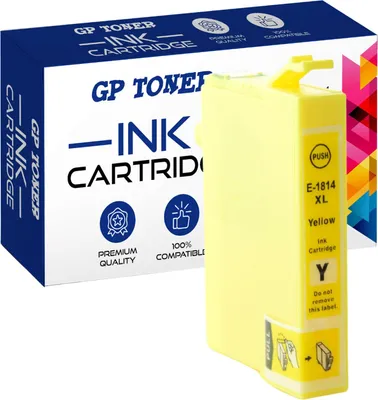 A yellow ink cartridge and its packaging are shown against a white background.