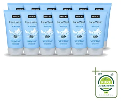 Imagen del producto de 12 unidades de limpiador facial Sence, apto para todo tipo de piel, de 150 ml cada uno. Pack grande