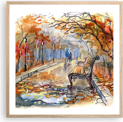 Produktbild von Gerahmtes Poster - Rahmen in heller Eiche - Path Bench Herbst Frau - 60x60 cm - Wand Bild - Wanddeko - Wandbilder - Wandposter - Bilderrahmen - Bilder - Kunstdruck - Wandbild - P2NAC60x60-3000