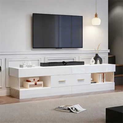 Image de Meuble TV Merax avec éclairage LED et 2 tiroirs, meuble TV bas avec étagères ouvertes et verre acrylique, meuble TV moderne pour le salon, blanc