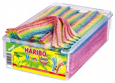 Obrázok produktu pre Haribo Miami Sauer Dose, Mäkké cukríky, 1,12 kg, Jablko, Blackberry, Citrón, Oranžová, Strawberry, Viacfarebný, 1504 kJ, 354 kcal