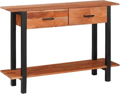 Imagen del producto de Mesa consola de madera maciza de acacia con 2 cajones y estante, diseño industrial rústico, mesa auxiliar estrecha para salón y recibidor, 110 x 30 x 75 cm