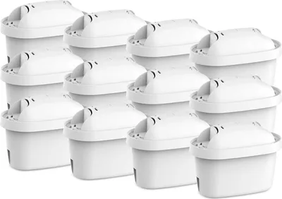 A collection of water filter cartridges neatly arranged in rows on a white background.