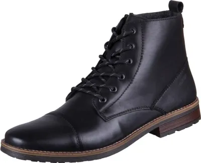 A black leather boot on a white background.