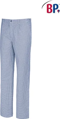 A pair of blue and white checkered chef's pants is shown against a white background.
